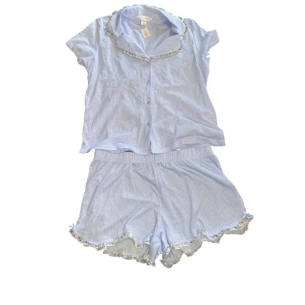 Laura Ashley Womens Blue White Seersucker Stripe Pajama Set Shorts Top M NWT